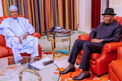President Muhammadu Buhari receives Former President Goodluck Jonathan at the Presidential Villa on Tuesday, July 21, 2020. [Twitter/@BashirAhmaad]