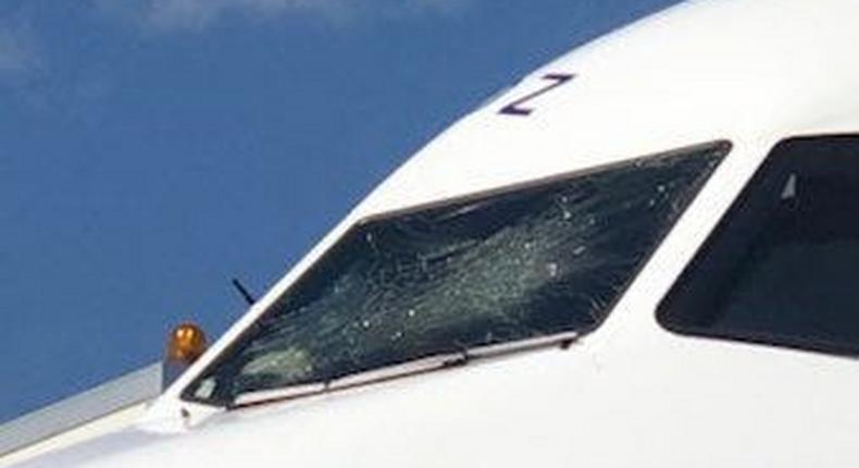 The damaged windshield on the BA plane after it made an emergency landing in Athens on Saturday.