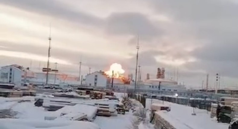 The moment a Ukrainian drone strikes Russia's Ust-Luga port on January 4.Screengrab via Security Service of Ukraine