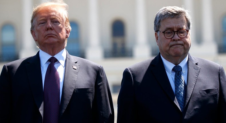 President Donald Trump stands with Attorney General William Barr during the 38th Annual National Peace Officers' Memorial Service at the U.S. Capitol, Wednesday, May 15, 2019, in Washington.
