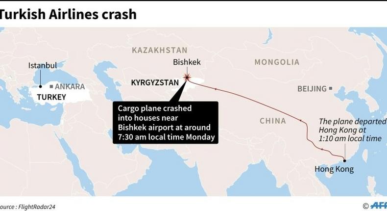 A Turkish Airlines cargo plane has crashed near Kyrgyzstan's main airport, leaving 32 people dead