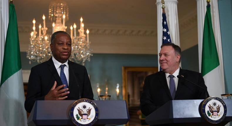 US Secretary of State Mike Pompeo and Nigerian Foreign Minister Geoffrey Onyeama deliver statements to the press after talks that included discussion of a visa row