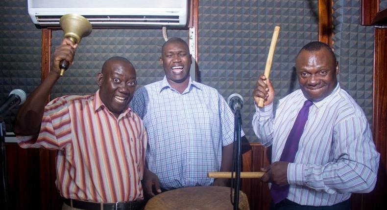 Kato Lubwama with colleagues Abby Mukiibi and Abu Kawenja in the Kalisoliso morning show