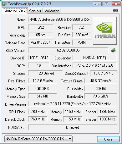 Informacje podawane przez GPU-Z na temat karty MSI N9800GTX PLUS-T2D512-OC