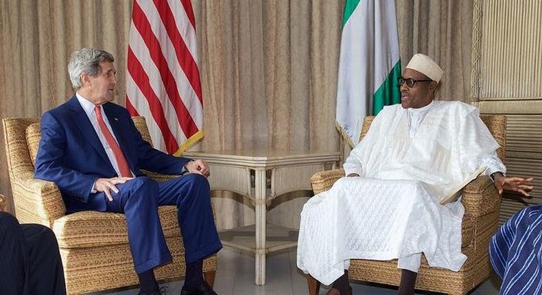 (L) United States Secretary of State, John Kerry and (R) President Muhammadu Buhari 