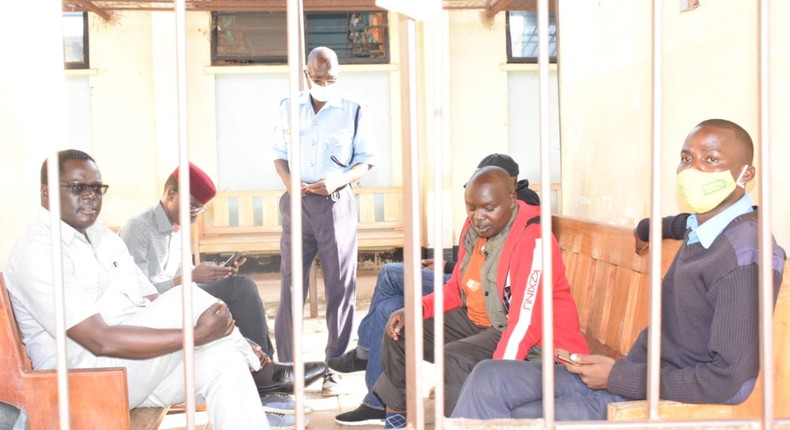 Senator Samson Cherargei in police custody with MPs Nelson Koech (Belgut), Didmus Barasa (Kimilili) and Wilson Kogo (Chesumei)