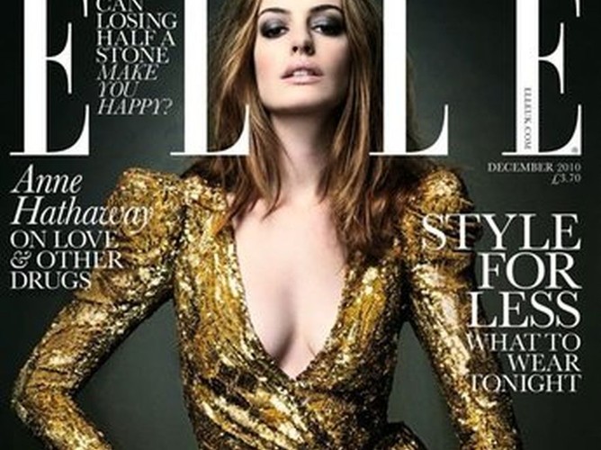 Mała złota pieknie podkreśliła urodę Anne Hathaway. Okładka Elle