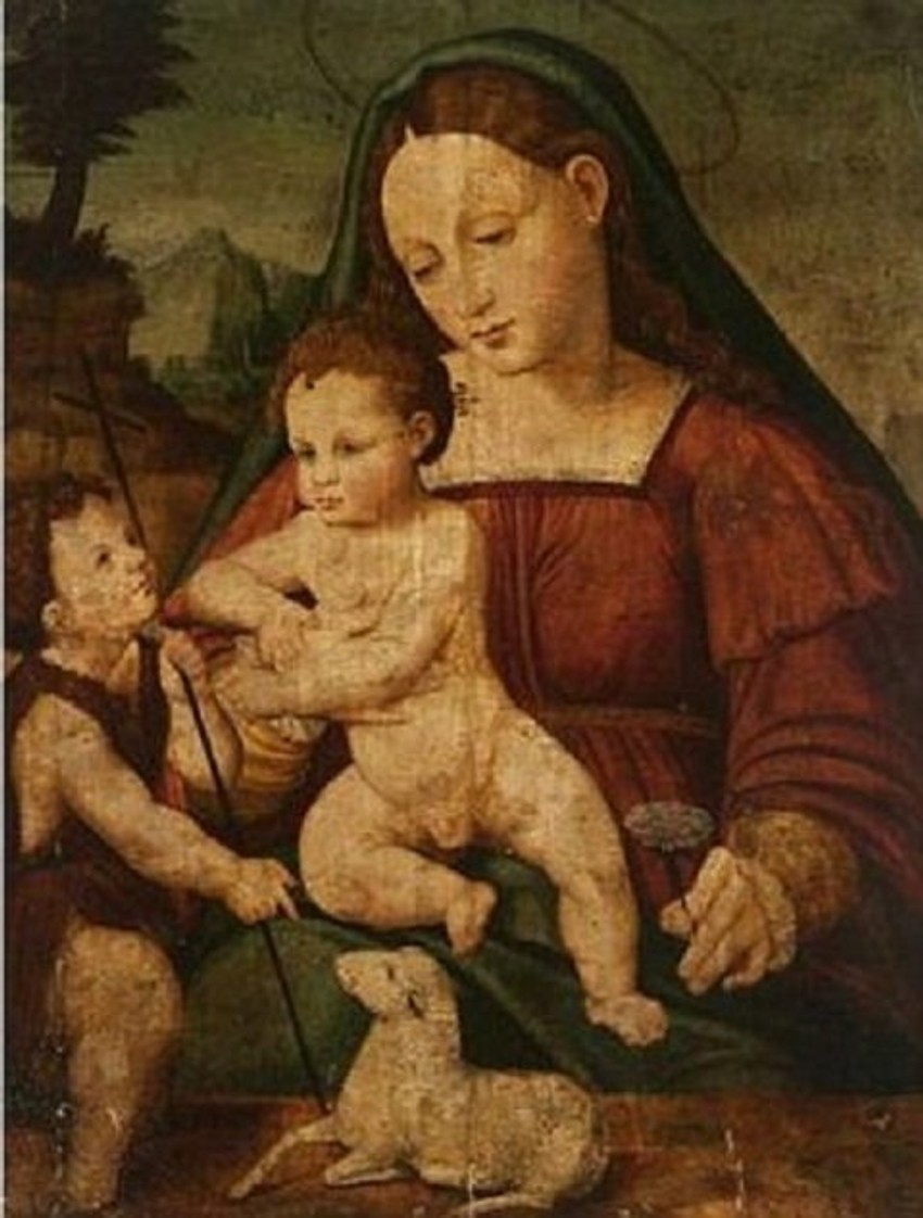 Slika prikazuje Jovana Krstitelja i Devicu Mariju sa Isusom ili Mariju Magdalenu sa Isusovim detetom