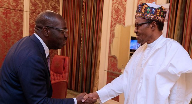 Governor Godwin Obaseki (left) says the administration of President Muhammadu Buhari (right) must run Nigeria with all sense of responsibility and commitment [Presidency]