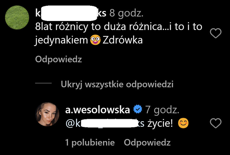 Komentarz Agnieszki Wesołowskiej na Instagramie
