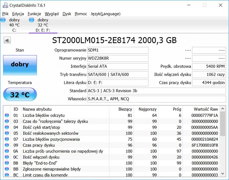 Przykładowy widok statystyk dysku SSD i HDD.