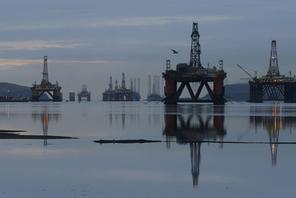 Drilling rigs are parked up in the Cromarty Firth near Invergordon, Scotland