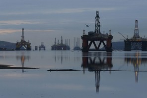 Drilling rigs are parked up in the Cromarty Firth near Invergordon, Scotland