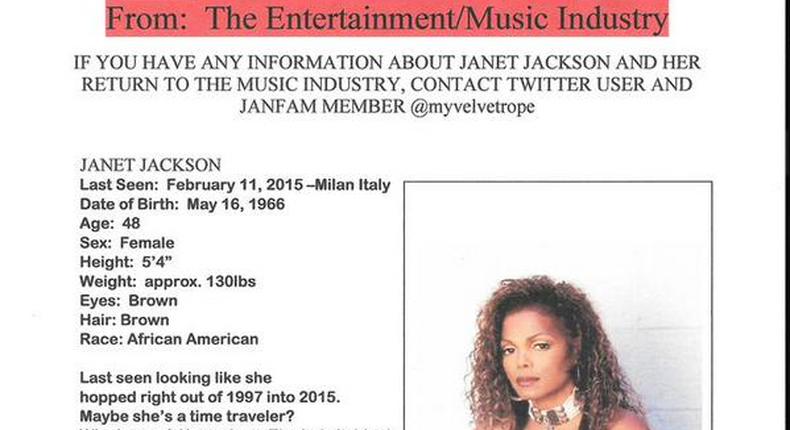 Flyer declares Janet Jackson missing