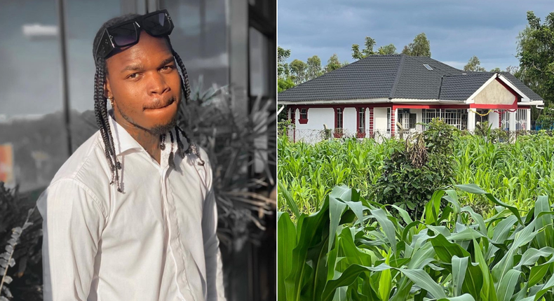 Timmy Tdat [left] and the new house that he has built for his mother.