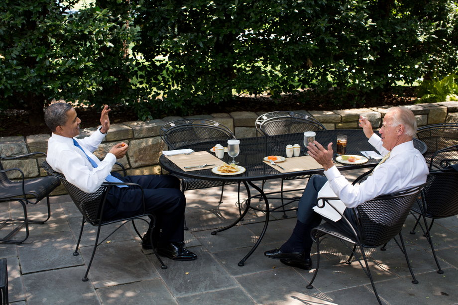 Obama has lunch with Biden on the Oval Office patio on June 28, 2012.