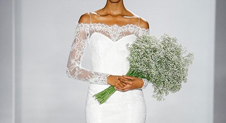 Tilly off-the-shoulder corded lace wedding dress with long sleeves by Christos