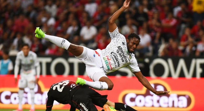 A file photo of Sao Tome e Principe captain Luis Leal (R) playing for Mexican club Chiapas