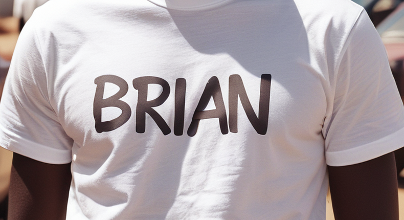 AI-generated image of a man wearing a white T-shirt with a writing Brian  on it