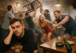 Tuča u kafani, AI ilustracija 