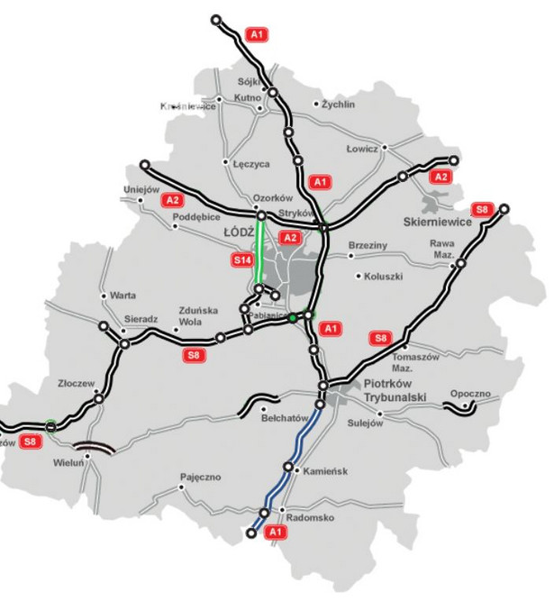Zachodnia obwodnica Łodzi (na zielono) - trasa S14. Źródło: GDDKiA