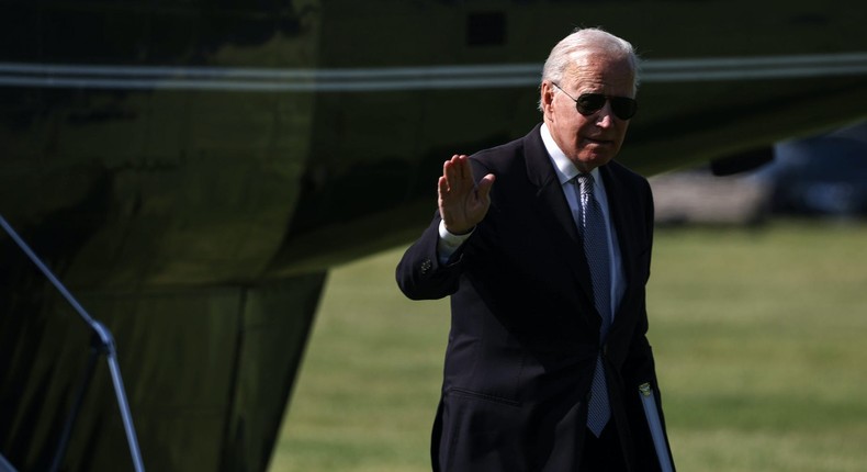 President Joe Biden waves as he walks on the Ellipse after stepping off Marine One on May 17, 2021 in Washington, DC.
