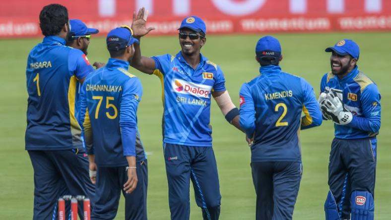 Thisara Perera celebrates the wicket of Quinton de Kock