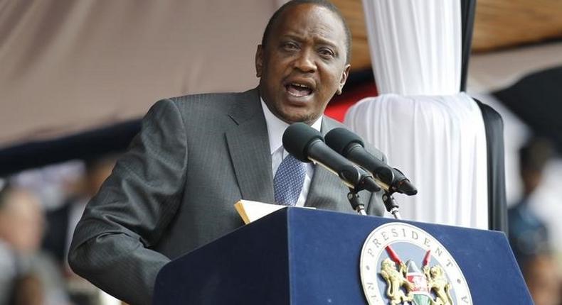 Kenya's President Uhuru Kenyatta addresses the country during the Mashujaa Day (Hero's Day) celebrations at the Nyayo National Stadium in Nairobi, October 20, 2014. REUTERS/Thomas Mukoya