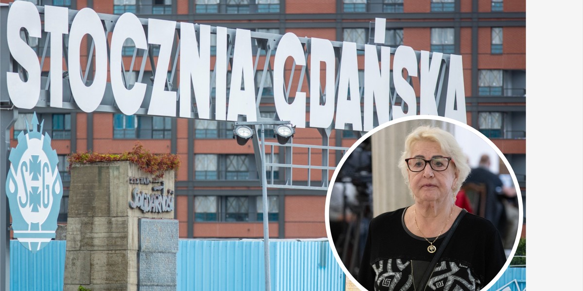 Henryka Krzywonos i brama numer 2 Stoczni Gdańskiej.