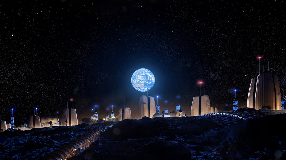 Firma architektoniczna Skidmore, Owings & Merrill zaprojektowała habitat księżycowy, przekazany do testów Europejskiej Agencji Kosmicznej. Na zdjęciu widoczna jest wizualizacja siedliska takich "kosmicznych domów".