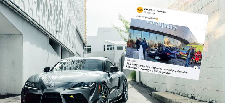 Spektakularnie dachował sportowym autem. Prawie wbił się do salonu Ferrari