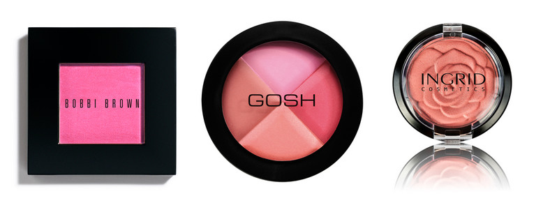 Róże: Bobbi Brown, Blush Pale Pink (115zł); Gosh, Multicolour Blush 50 Pink Pie (44zł); Ingrid Satin Touch Blush (9zł)