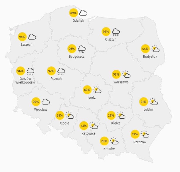 Poziom zachmurzenia w Polsce w poniedziałek 24 stycznia