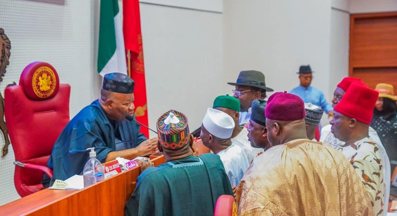 Nigerian senators with Senate President Godswill Akpabio (left) [Tope Brown]