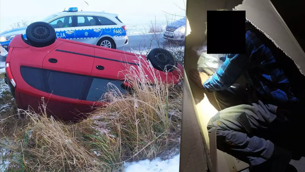 Pijany kierowca uciekł z miejsca zdarzenia i ukrył się przed mundurowymi w kartonie/fot. lodzka.policja.gov.pl
