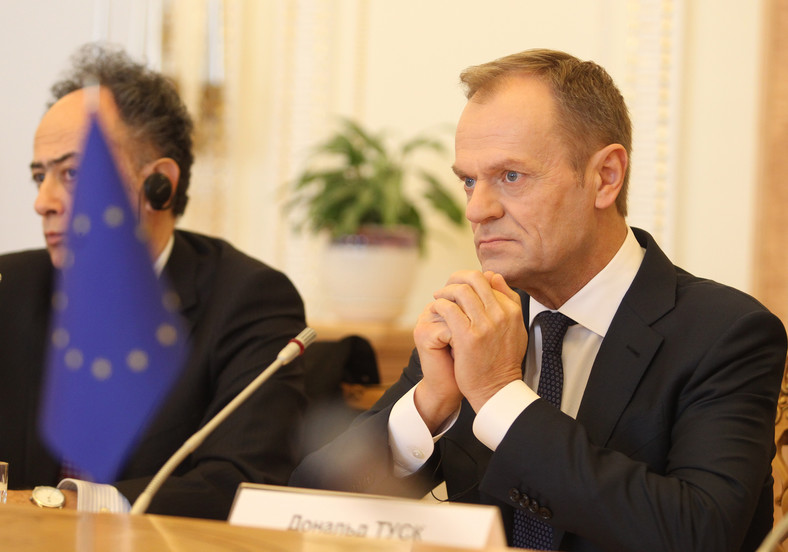 Donald Tusk jeszcze jako przewodniczący Rady Europejskiej w ukraińskim parlamencie w Kijowie, 2019 r.