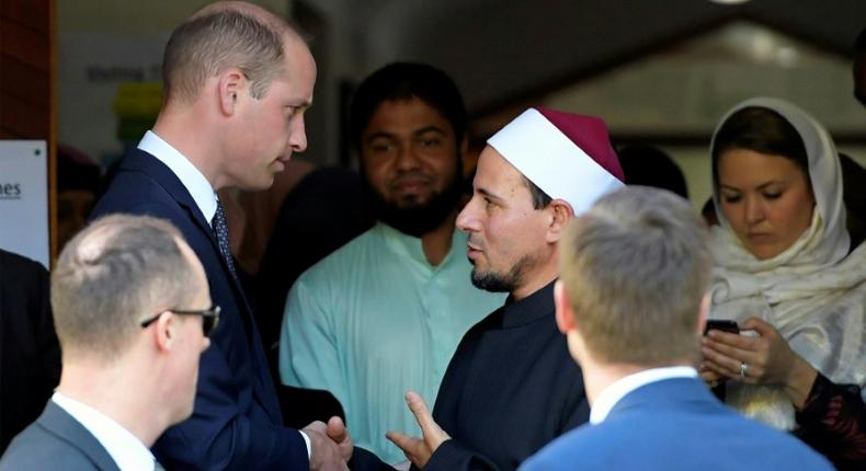 Imam Gamal Fouda of Al Noor mosque in Christchurch bids farewell to Britain's Prince William after his visit