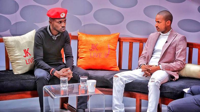 Embakasi East MP Babu Owino with firebrand Ugandan MP Bobi Wine during a TV interview 