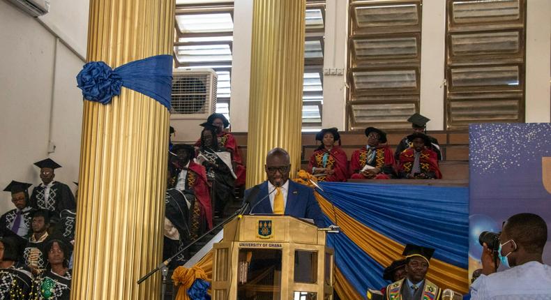 Nana Dwemoh Benneh, CEO of the Universal Merchant Bank delivering his address at the 75th congregation ceremony of the College of Education at the University of Ghana
