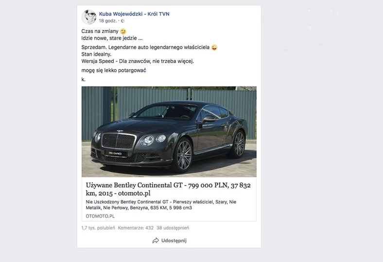 Bentley Wojewódzkiego na sprzedaż