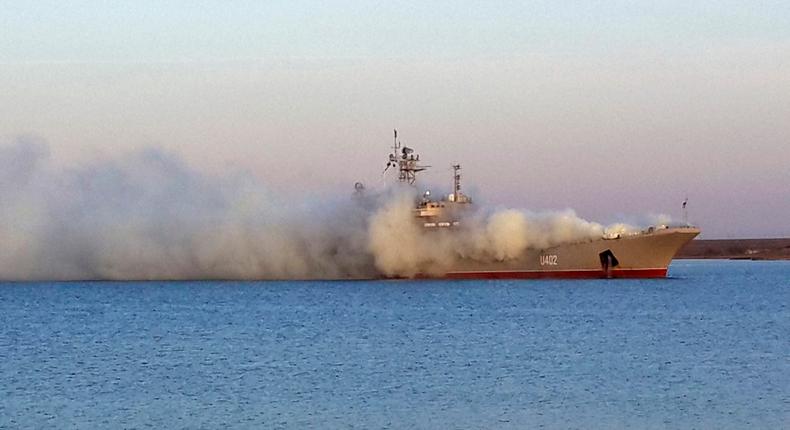 A smoke screen created by crew members in 2014 partially covers the Ukraine's landing ship Konstantin Olshansky. Russia seized the warship as part of its annexation of Crimea.REUTERS/Oleksii Tamrazov