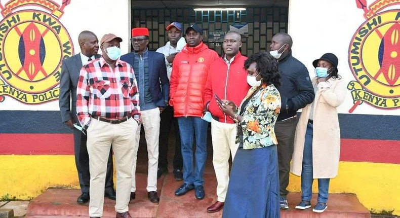 Kapsaret MP Oscar Sudi with fellow politicians when he presented himself to the Kapsaret Police Station