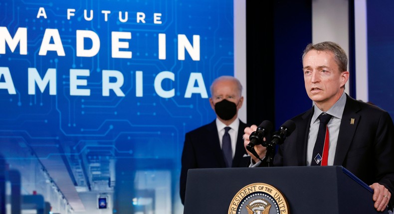 Intel CEO Patrick Gelsinger speaks alongside U.S. President Joe Biden during an event on the ongoing supply chain problems on January 21, 2022 in Washington, DC.