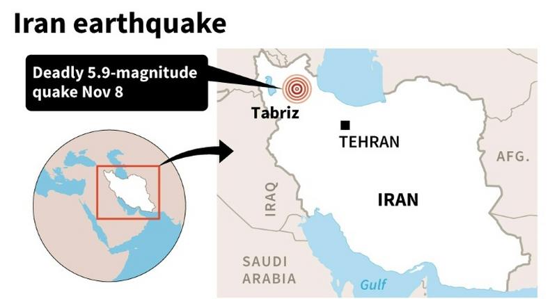 Map locating the town of Tabriz in Iran's East Azerbaijan Province near where a shallow 5.9-magnitude earthquake struck early Friday