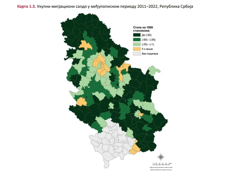 Mapa opština u Srbiji sa najvećim brojem odseljenih (tamnozelena)