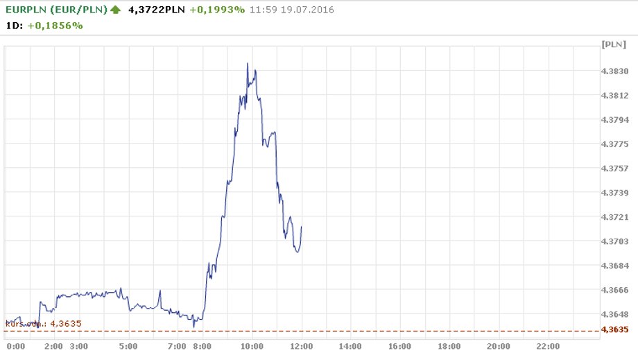 Wykres EUR/PLN. Złoty dzisiaj nad ranem był na poziomie 4,36 zł za euro.