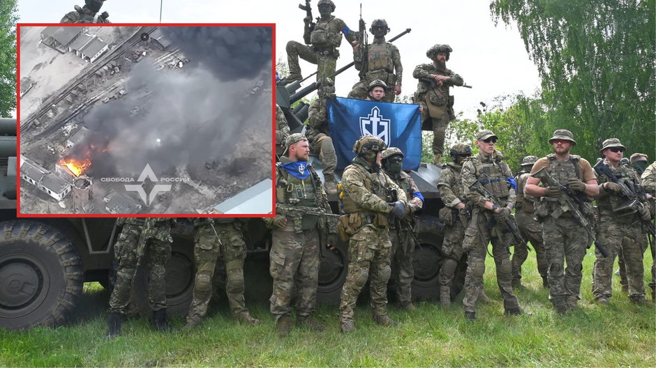 Żołnierze Legionu "Wolność Rosji" oraz zniszczony przez nich magazyn na terenie Federacji Rosyjskiej