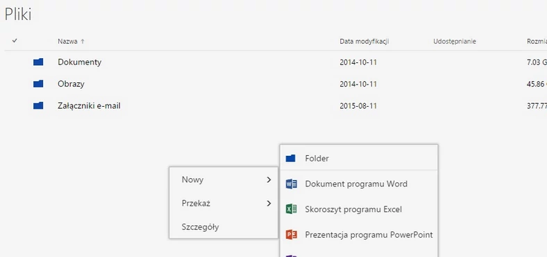 Interfejs webowy OneDrive pozwala na rozbudowane zarządzanie plikami i ustawieniami