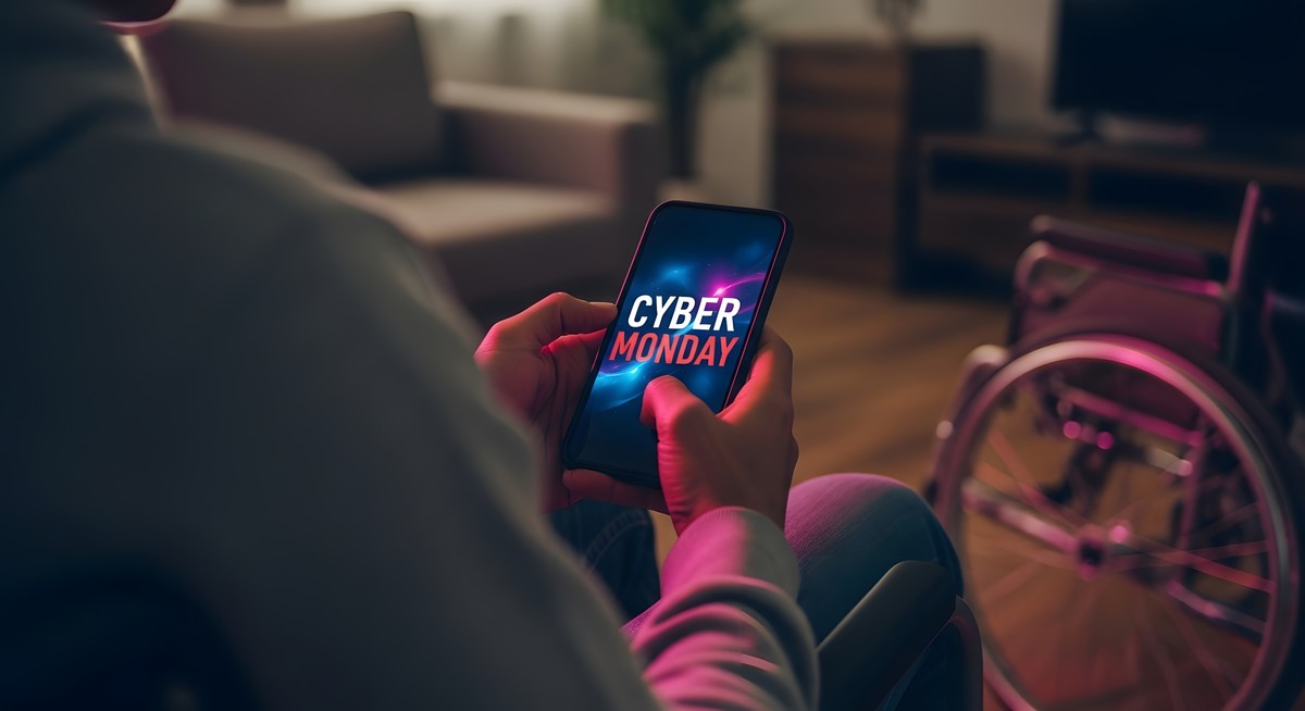 Mężczyzna trzyma w dłoni smartfon z napisem cyber monday