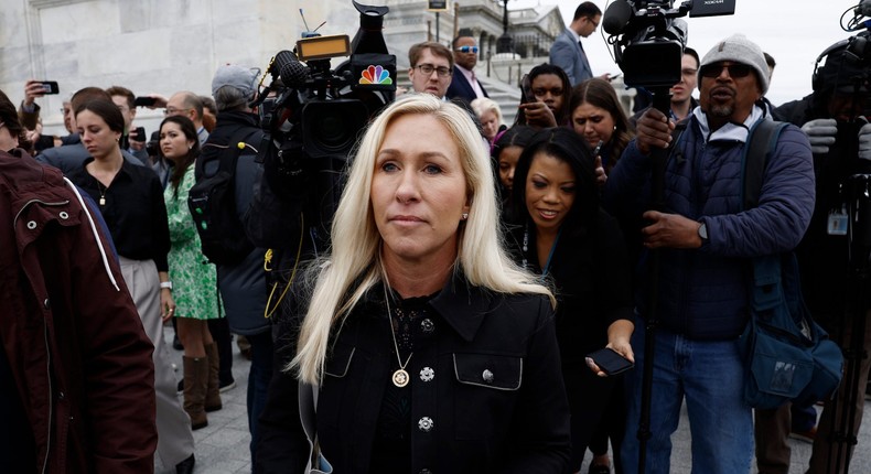 Rep. Marjorie Taylor Greene, a Georgia Republican, leaves the Capitol after introducing a motion that could boot Speaker Mike Johnson from power.Anna Moneymaker/Getty Images